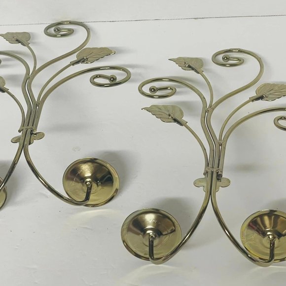 Pair of Home Interiors Metal Wall Sconces. Scroll/Leaf Hollywood Regency Gold - Picture 4 of 5